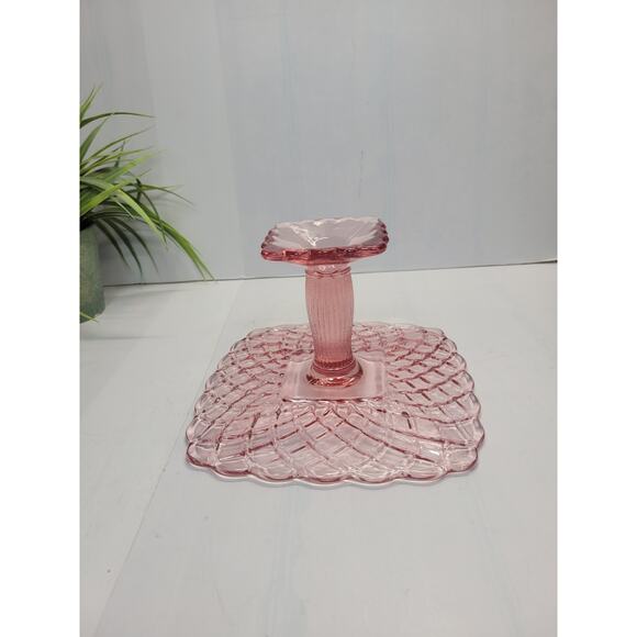 Vintage L E Smith Pink Trellis Cake Stand Glass Pedestal Plate 8" Square - Picture 3 of 3